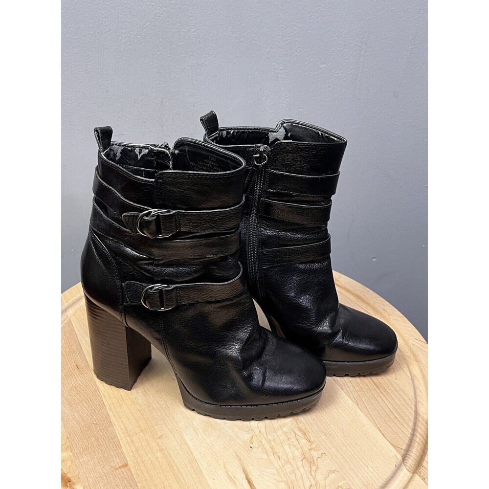 NINE WEST Hywayo Mid‎ Calf Black Leather Boots Womens size 10M Stacked Heel